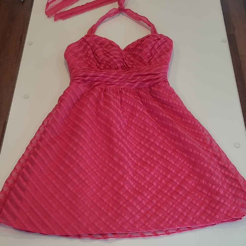 EUC Davids Bridal Bright Pink Cotton Blend Halter Fit N' Flare Dress
